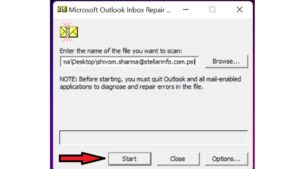 After selecting the PST file, click Start to initiate the scan. Depending on the size of PST file, the Inbox Repair Tool may take some time to scan and detect the issues.
