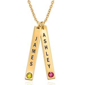 14K gold engraved vertical bar birthstone necklace