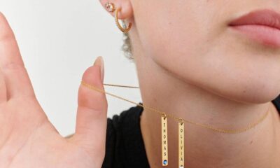 14K gold engraved vertical bar birthstone necklace