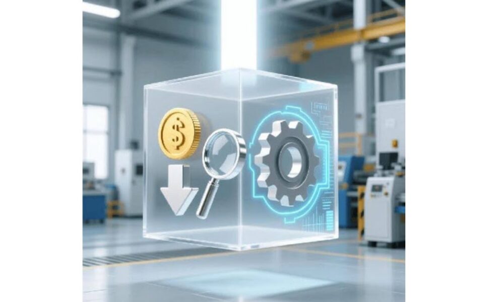 A conceptual illustration of Value-Driven Manufacturing strategy: a transparent cube floats in a modern smart factory, containing symbols of cost-efficiency (gold coin), quality (precision component with magnifying glass), and innovation (gear with data stream), illuminated from above by a strategic light.