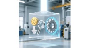 A conceptual illustration of Value-Driven Manufacturing strategy: a transparent cube floats in a modern smart factory, containing symbols of cost-efficiency (gold coin), quality (precision component with magnifying glass), and innovation (gear with data stream), illuminated from above by a strategic light.