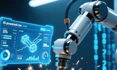 Close-up, cinematic shot of AI-driven CNC machining. A robotic arm precision-mills a metal block, creating sparks. A blue holographic interface above displays real-time 3D toolpaths and data, with digital code flowing in the background.