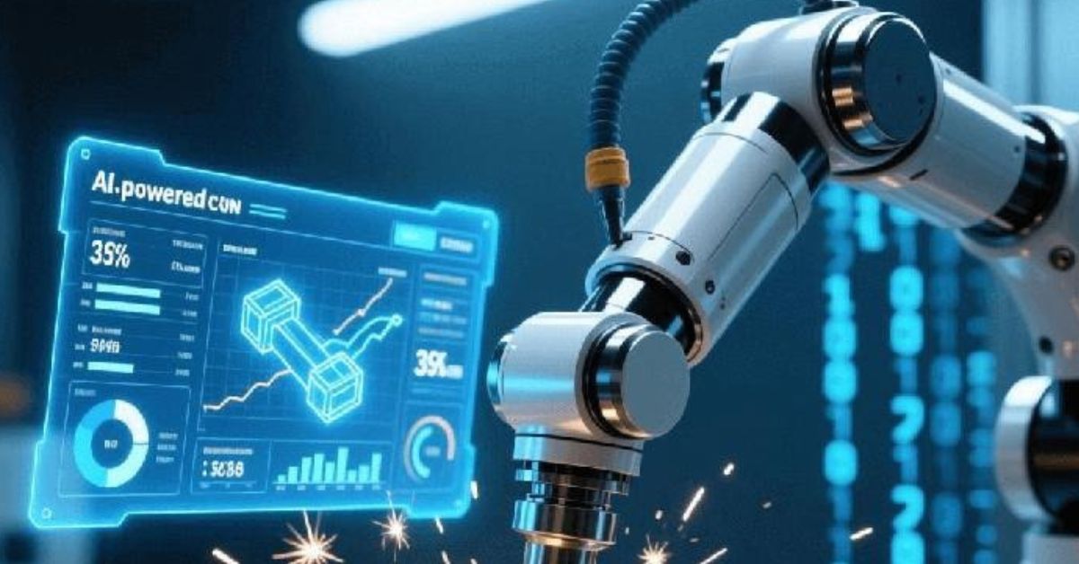 Close-up, cinematic shot of AI-driven CNC machining. A robotic arm precision-mills a metal block, creating sparks. A blue holographic interface above displays real-time 3D toolpaths and data, with digital code flowing in the background.
